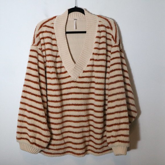 Free People Sweaters - Free People Connell Striped Faux Fur Fleece Sweater Medium V Neck Oversized